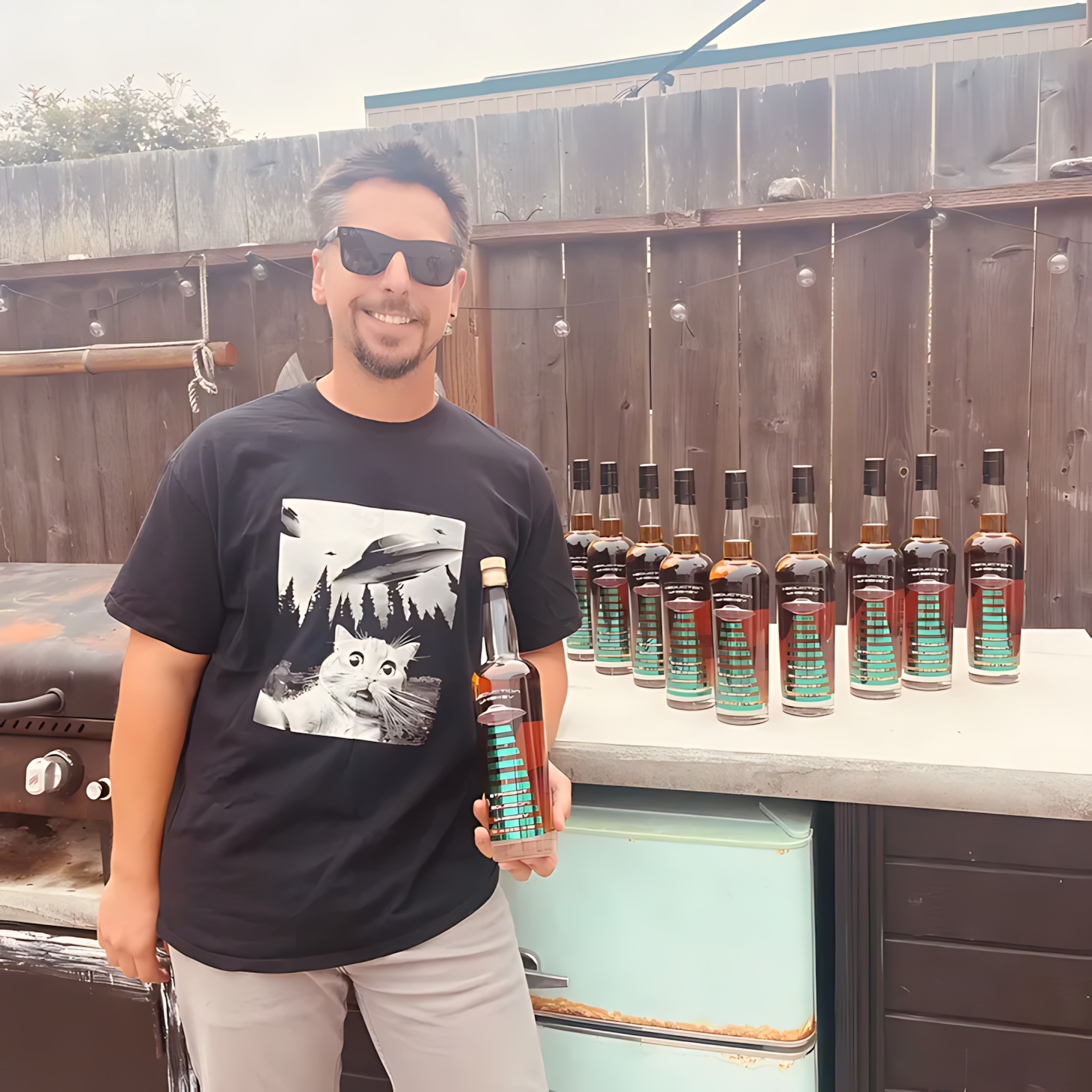 Founder of Abduction Whiskey holding a bottle beside a lineup of bourbon